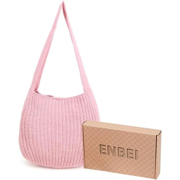 Women's Pink Shoulder Handbags Crocheted Bags Large Knit Bag Tote Bag - Picture 3 of 9